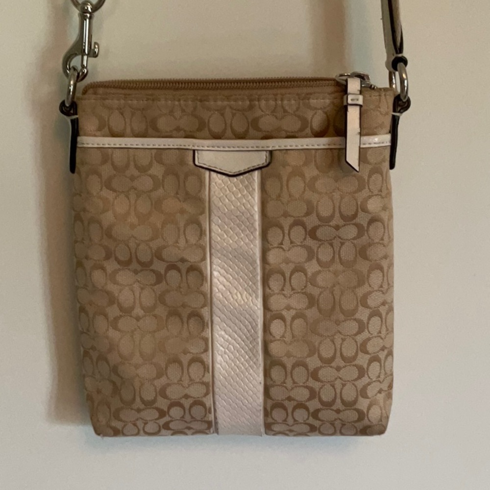 Coach Tan and White Crossbody Bag with Signature Monogram
